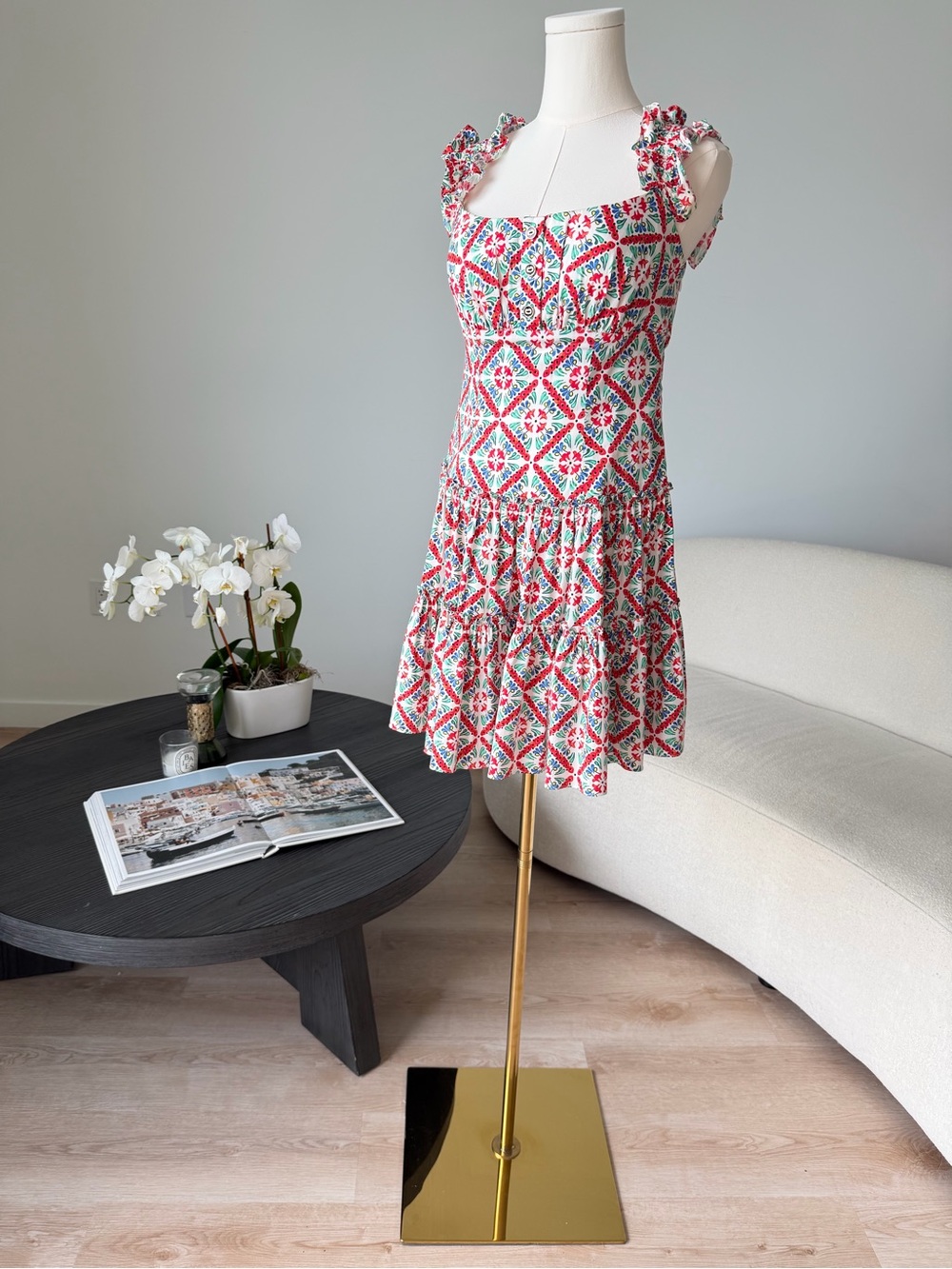 Caroline Constas Ruffle Floral Midi Dress Size M Made in New York $495